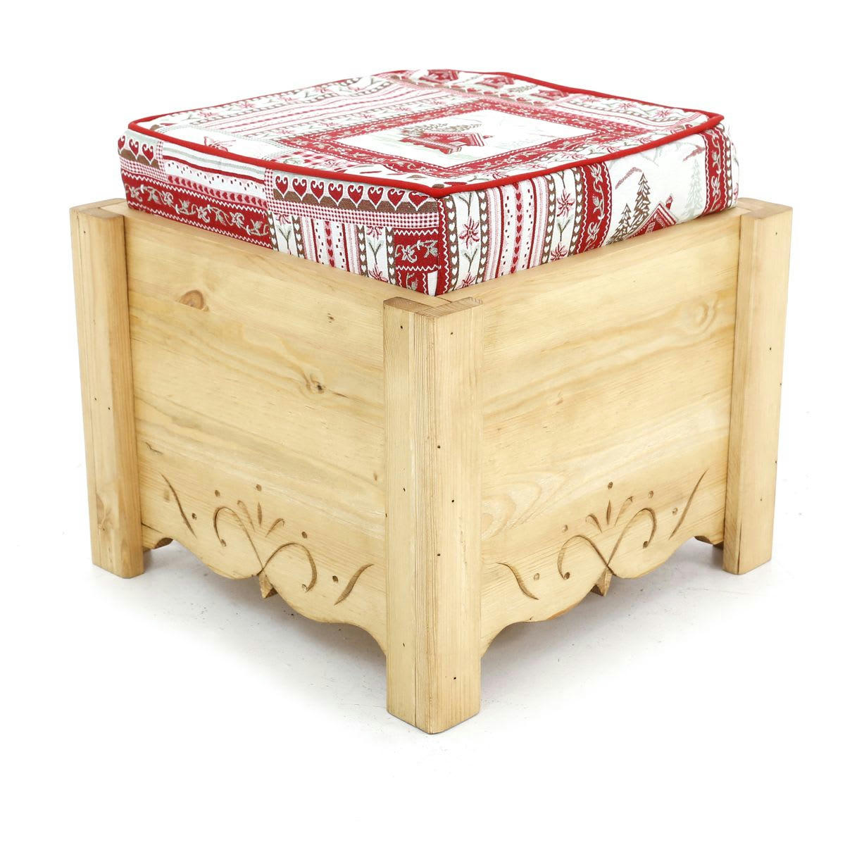 DAHU - Pouf coffre de rangement pin massif sculpté Vanoise rouge Aspin
