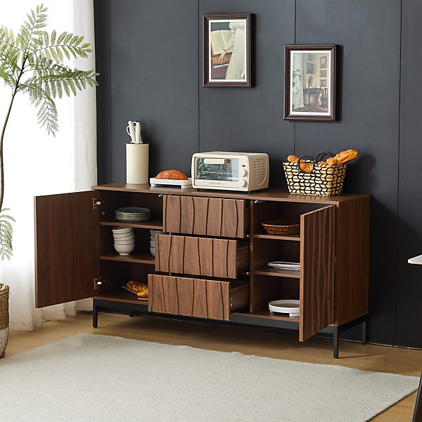 Buffet 150 cm chêne foncé 3 tiroirs design Mid Century Modern avec niche pour cuisine, salon, entrée ou couloir