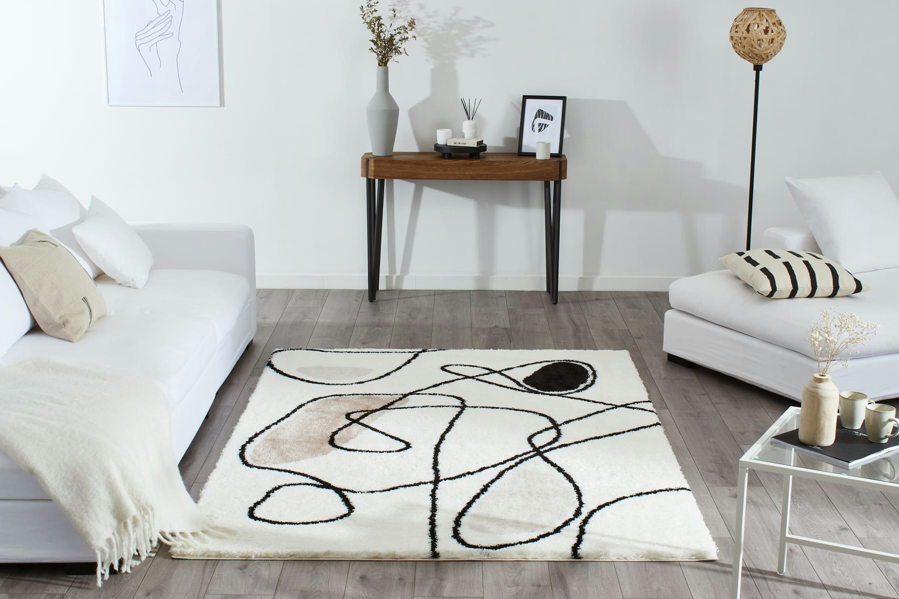 LASSO - Tapis shaggy moderne abstrait beige, noir et ivoire - 200x290 cm