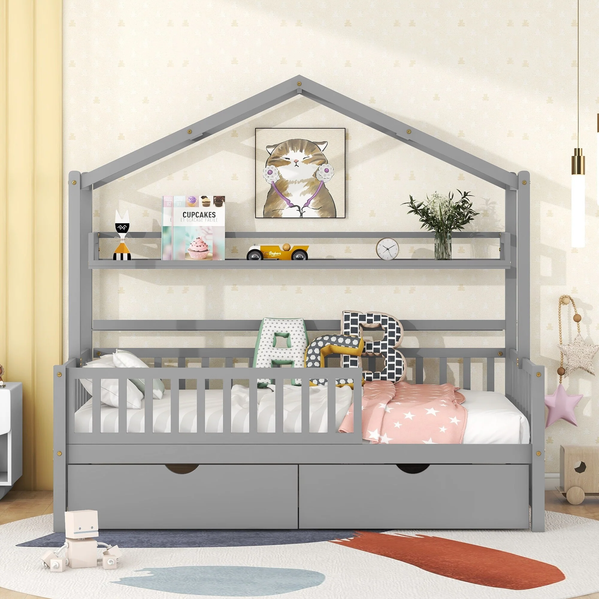 Twin Size House Bed with Storage Drawers and Shelf, Playhouse Design for Kids