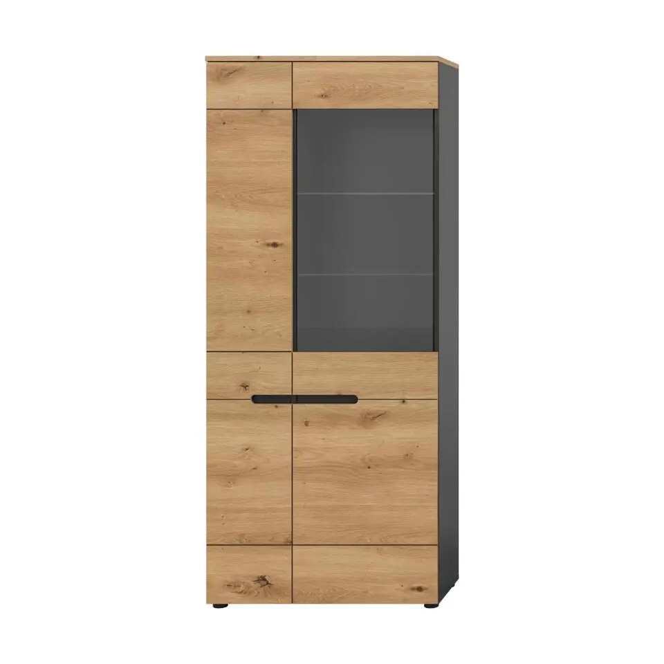 Hioshop Canu vitrinekast 1 deur- 1 glasdeur eiken decor- donkergrijs