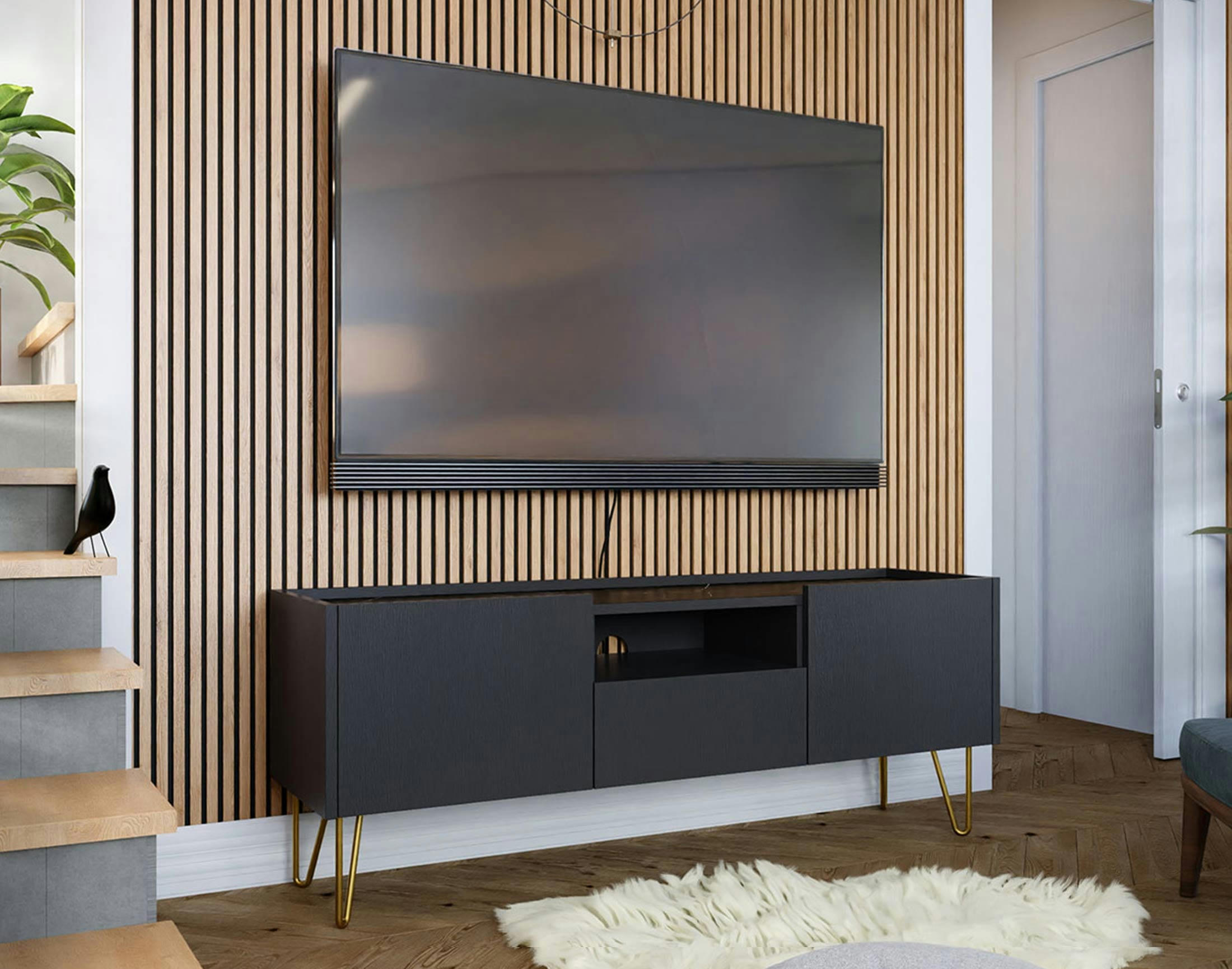 CALI - Meuble TV style contemporain 144 cm noir / doré