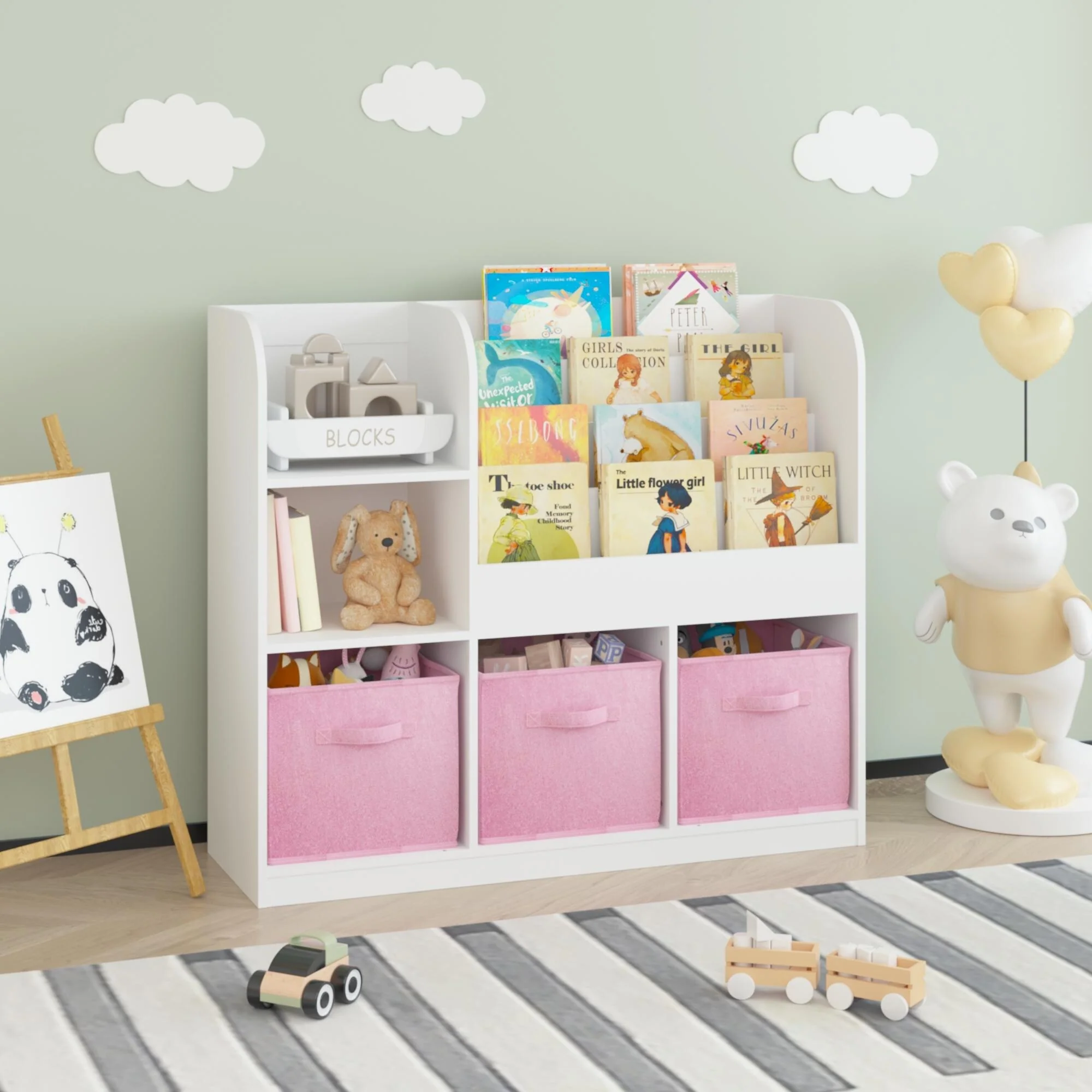 Kids Bookcase and Bookshelf, Multifunctional Bookcase with 3 Collapsible Fabric Drawers, Bookcase Display Stand