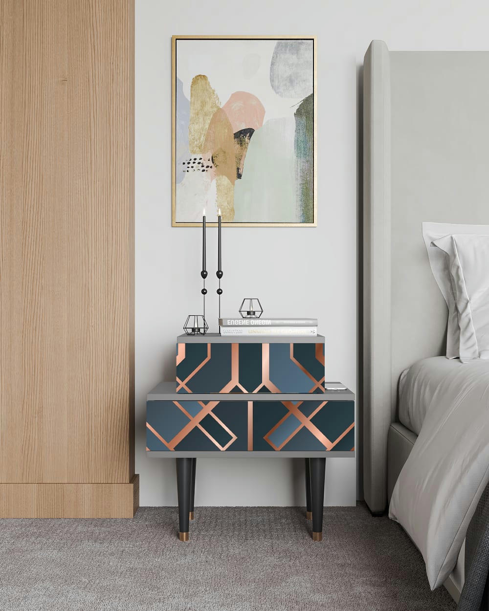 ASHY 1920' - Table de chevet bleu-vert 2 tiroirs L 58 cm