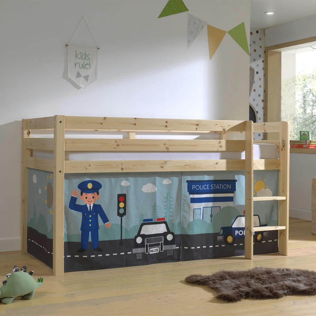 PINO - Lit mi-hauteur 90x200 sommier inclus housse police naturel