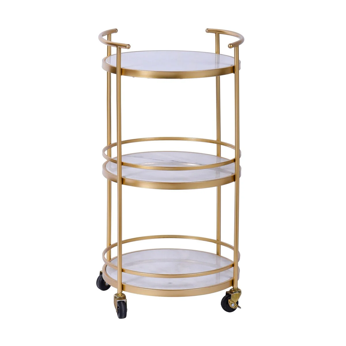 Round 3-Tier Bar Cart - White and Black Marble Tops - Gold Finish