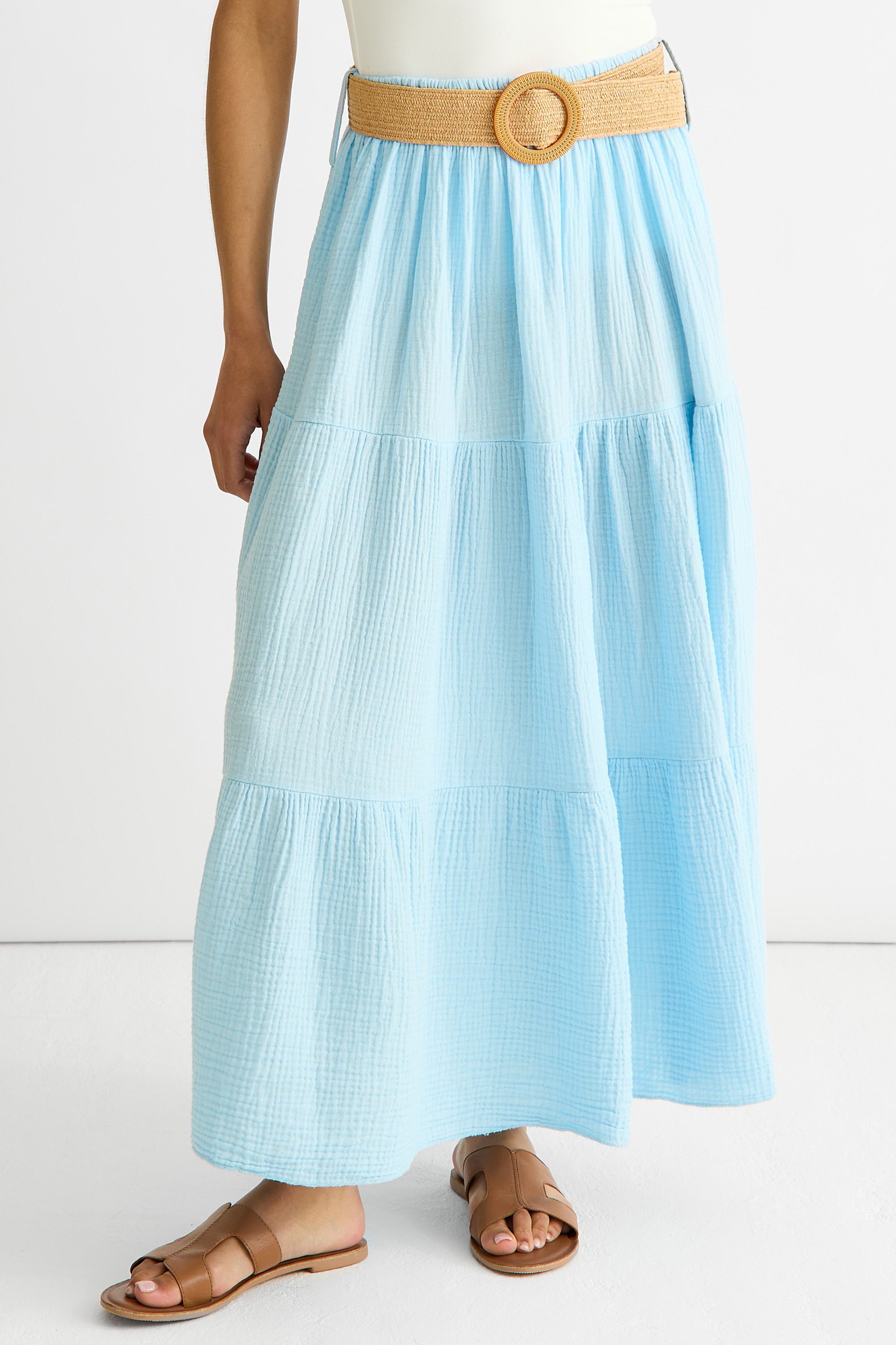 Gini London Blue Cotton Seersucker Belted Midaxi Skirt