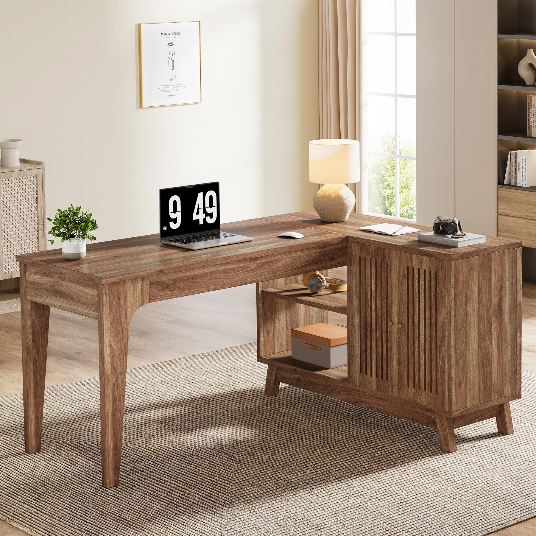 L-Shaped Desk with Storage Cabinet, 57-Inch Wood Corner Workstation