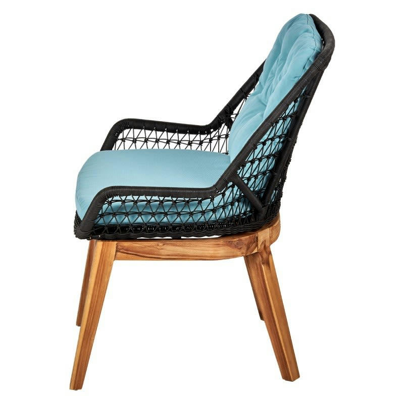 CARAT - Fauteuil en corde tressée noir et bois avec coussins bleus
