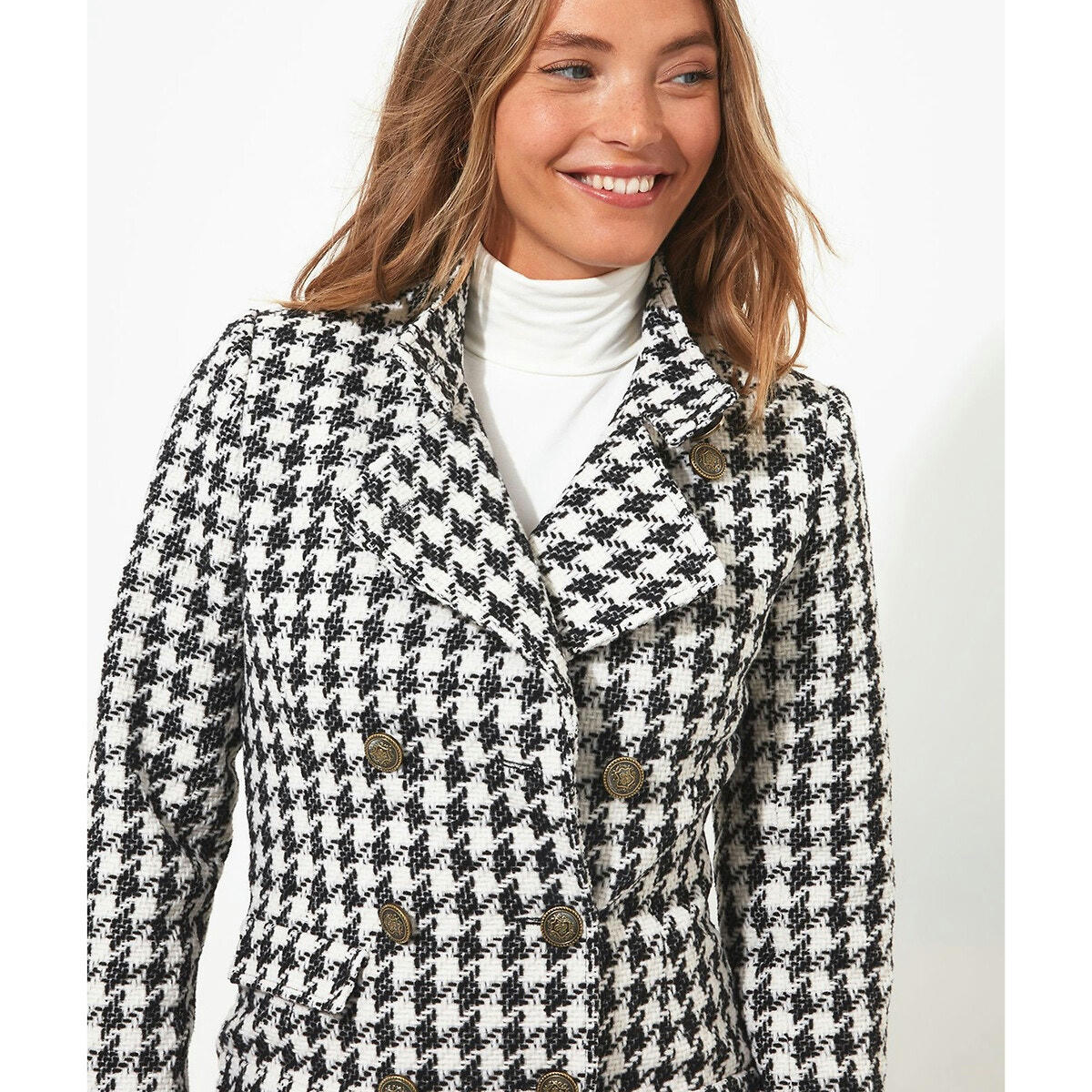 Manteau long boutonné motif pied de poule