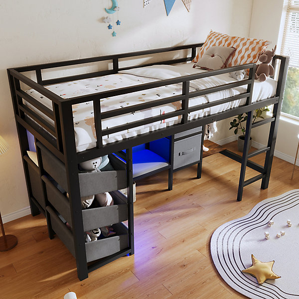Lit Mezzanine 90x200 cm - Lit Ado avec LED Intégrée, Tiroirs en Tissu et Crochets pour Vêtements, en Métal - Sans Matelas Noir
