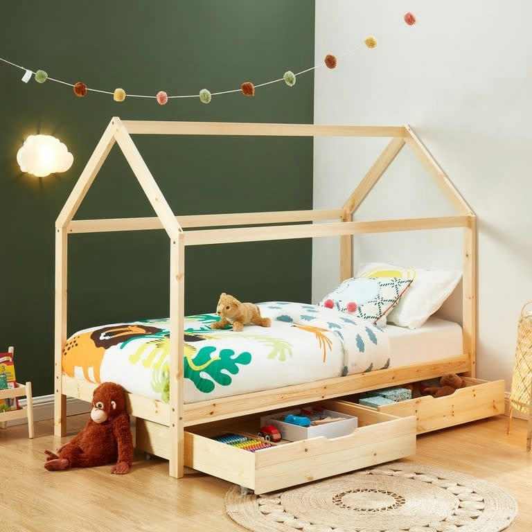 TINY - Lit cabane avec tiroirs   bois massif de pin naturel  matelas 90x190