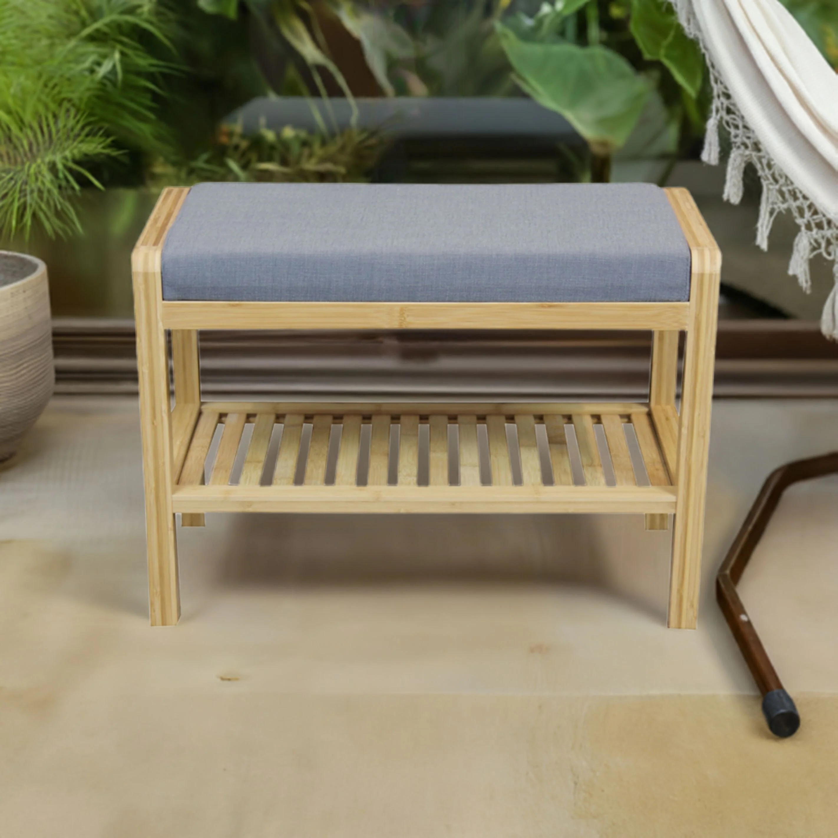 Ecostyle Solid Bamboo Padded Bench with Slatted Shelf
