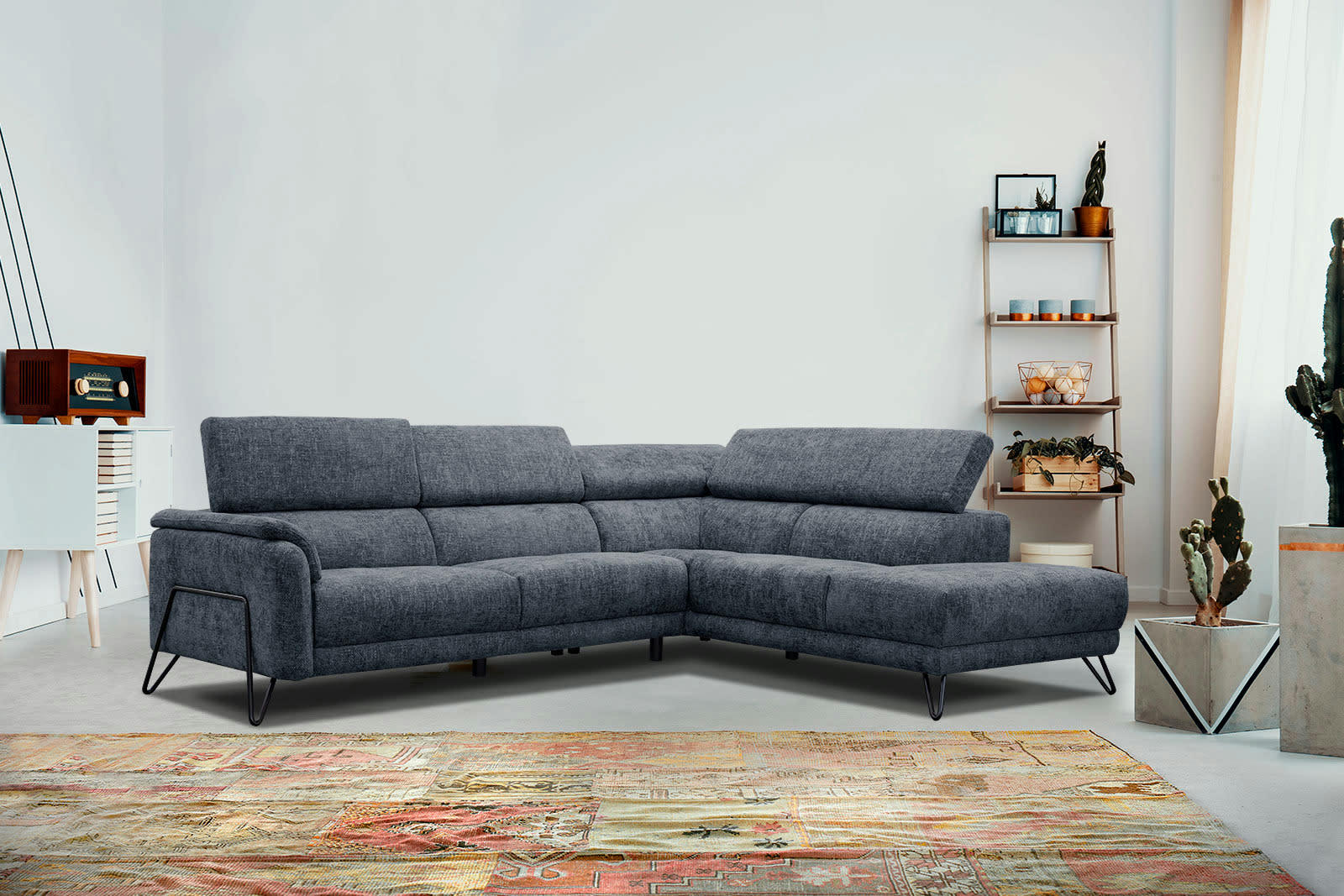 RODEN - Canapé d'angle droit 5 places tissu bleu marine