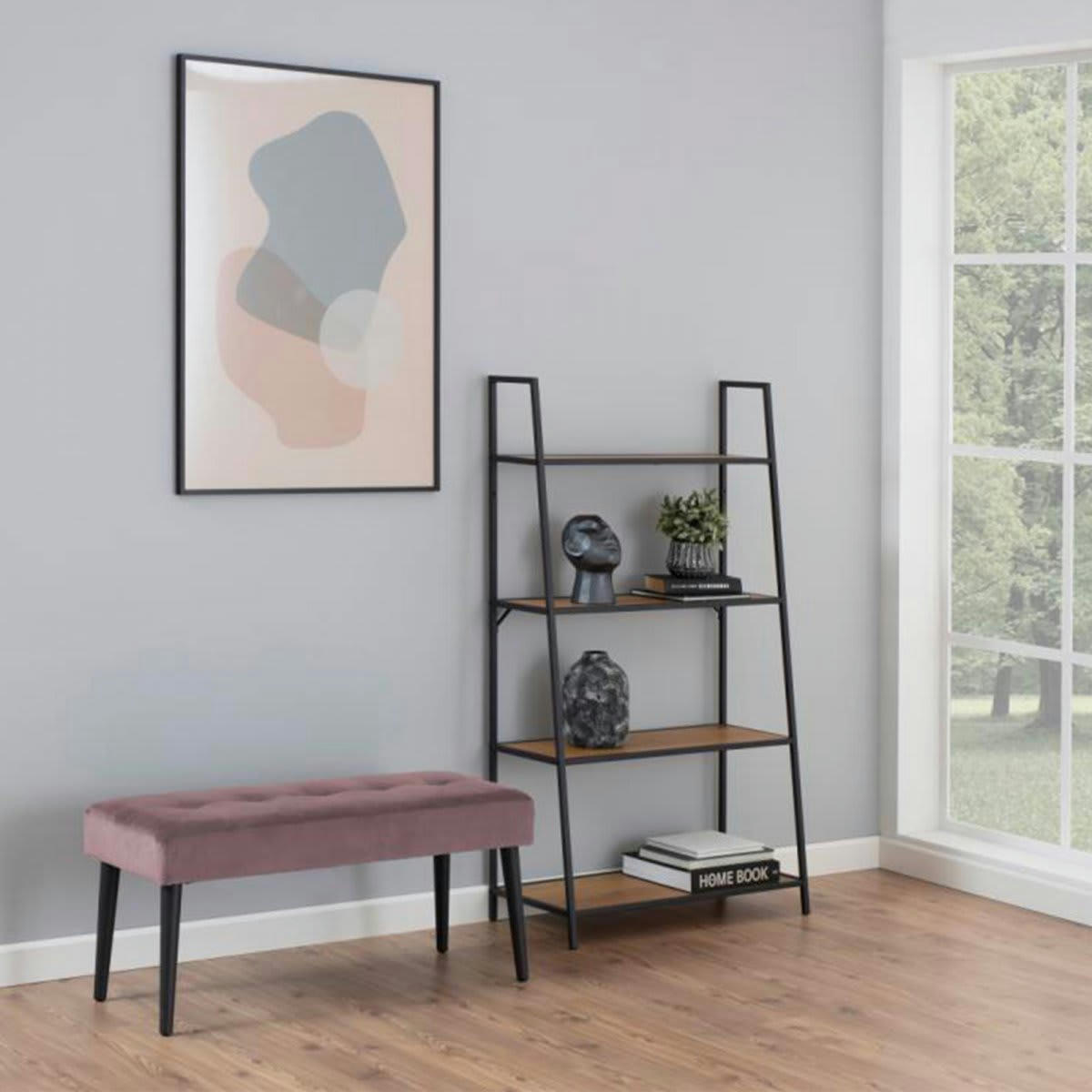 GLORE - Banc contemporain en velours matelassé et pied en métal rose