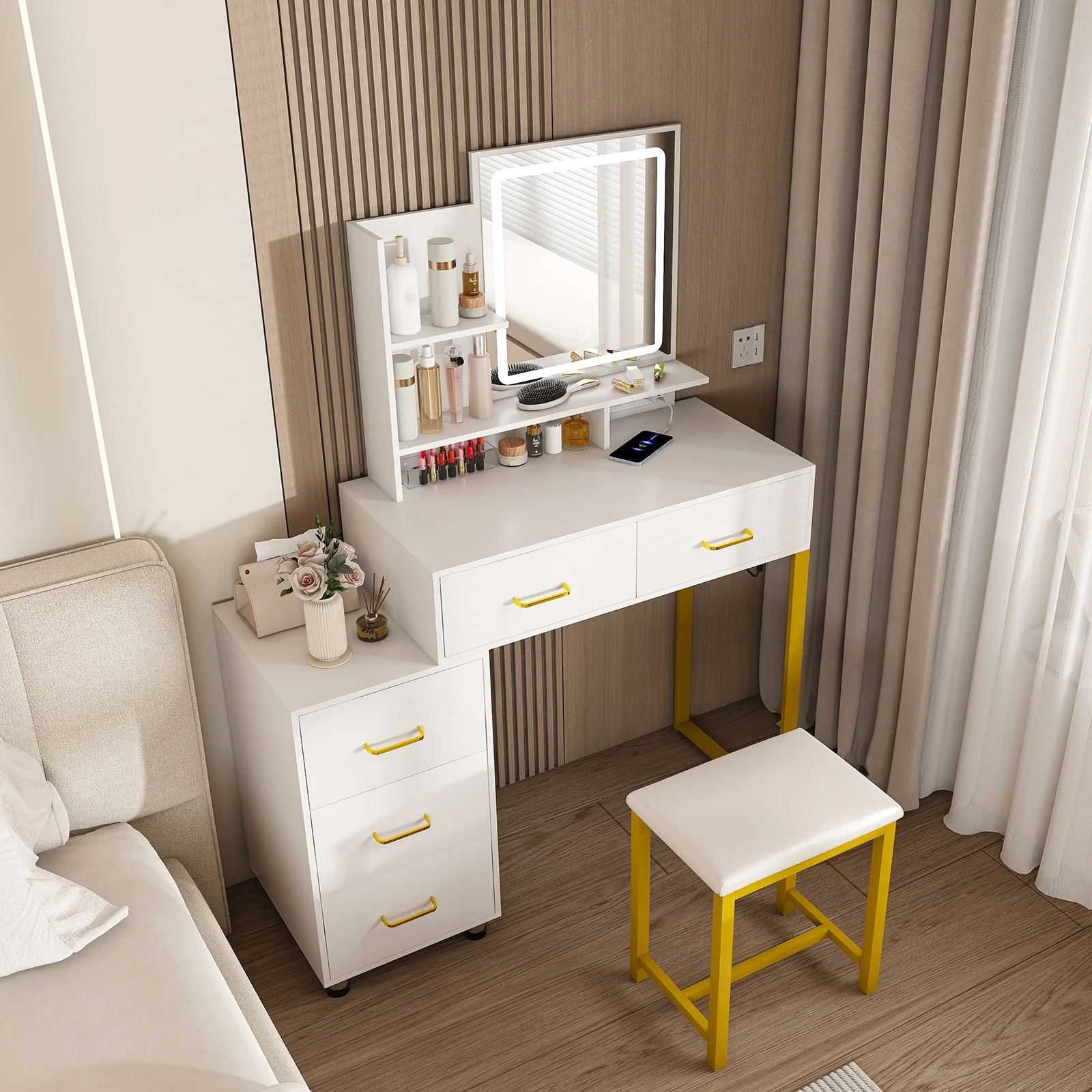 Modern Vanity Desk with Mirror and Lights,Dressing Table with Power Outlet & 5 Storage Drawers,with Metal Chair