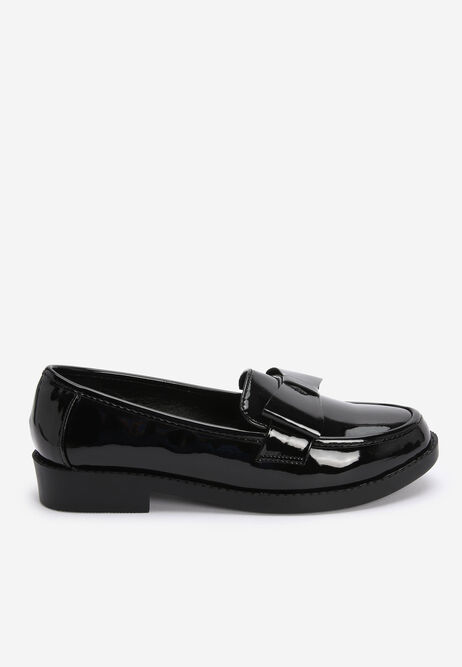 Older Girls Black Patent School Loafers with Bows