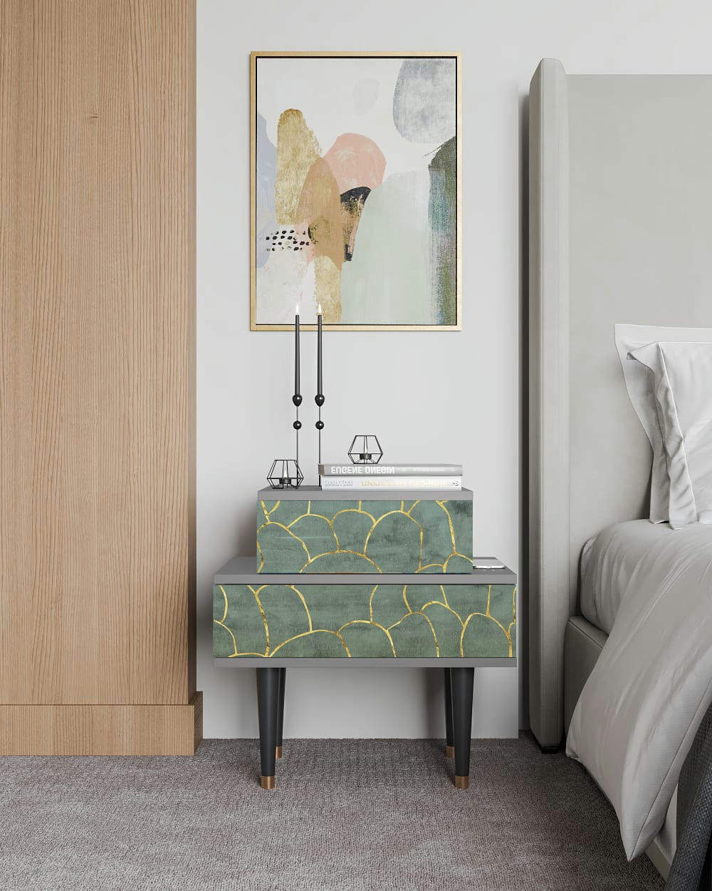 MAGNIFICENT WATER LILY - Table de chevet bleu-vert 2 tiroirs L 58 cm