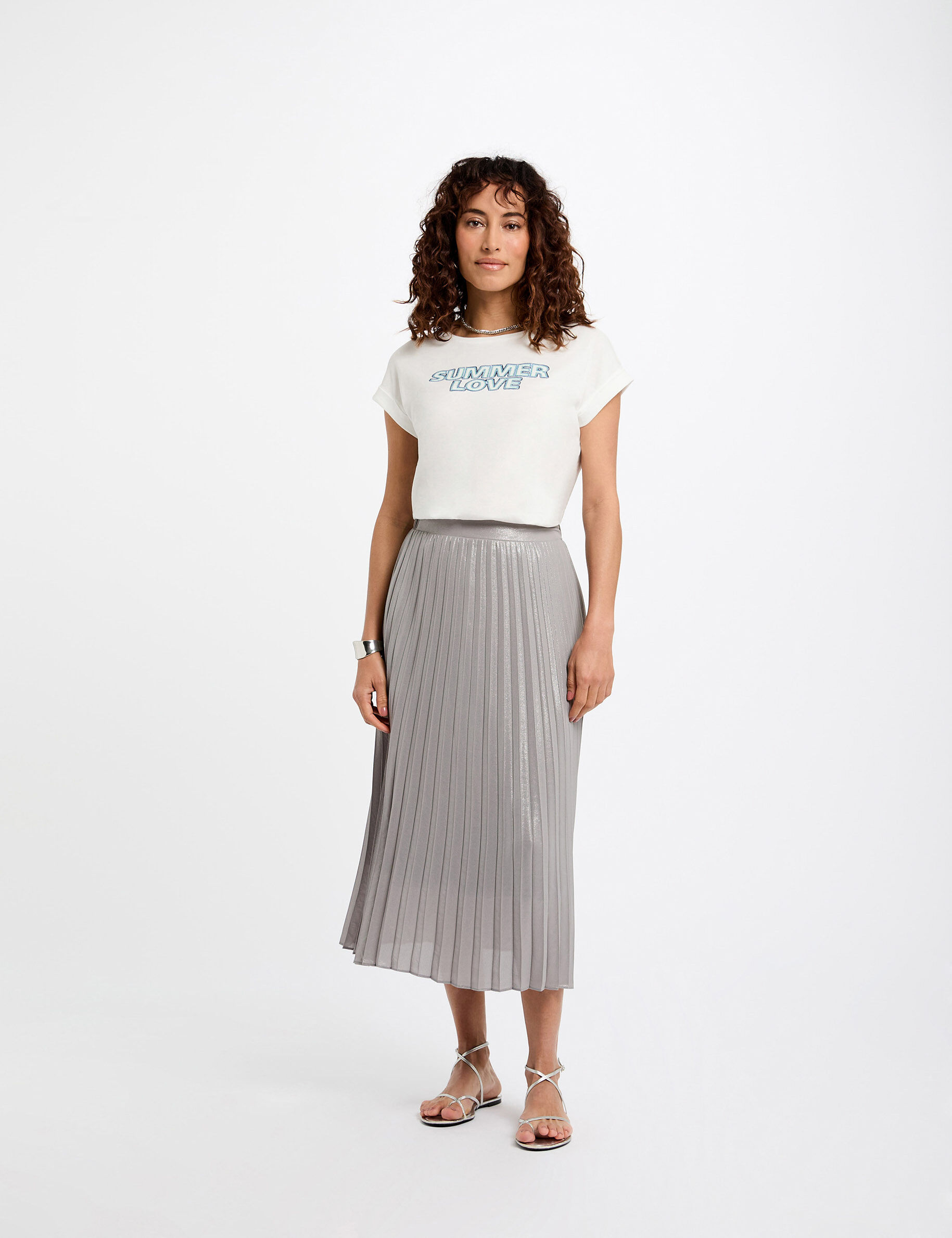 Maxi Pleated Skirt Silver Color Women