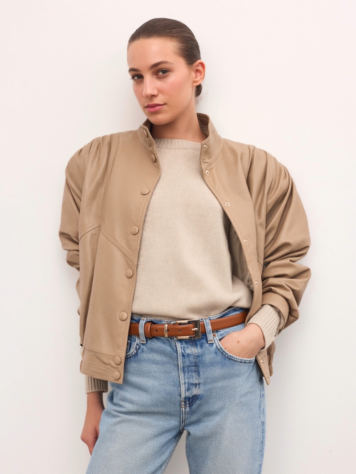 Narrow brown natural leather belt