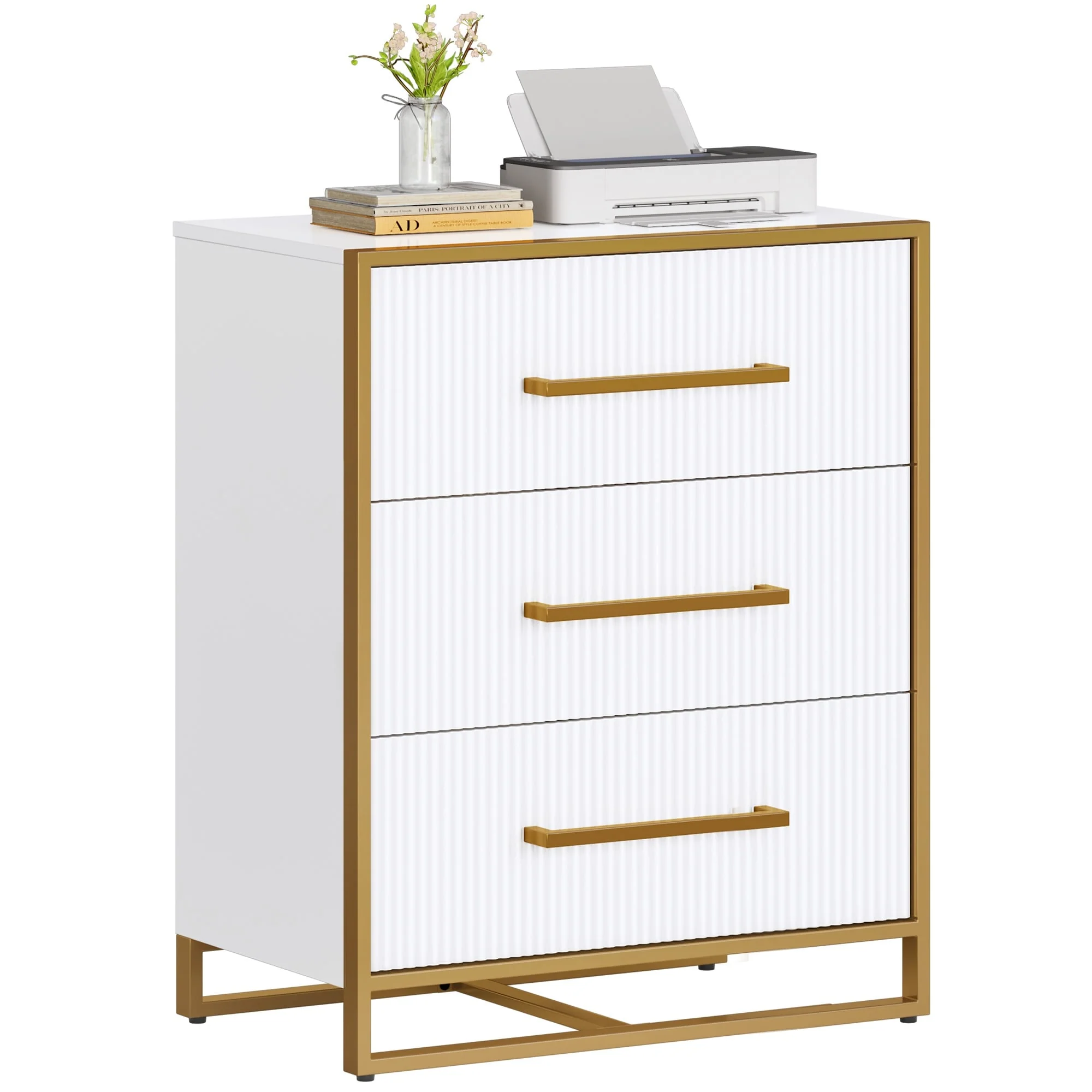 Moasis File Cabinet Lateral Filing Cabinets for Home Office with 3 Drawers Gold Frame