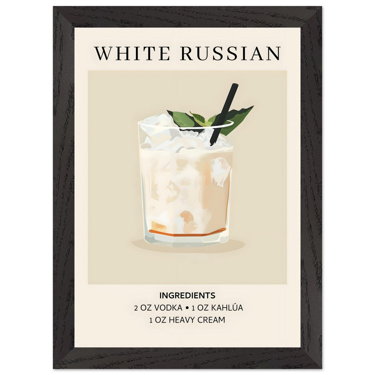 Artfulprints Poster met Lijst White Russian cocktail - Ingrediënten  - A4 21x29.7 cm - Wit