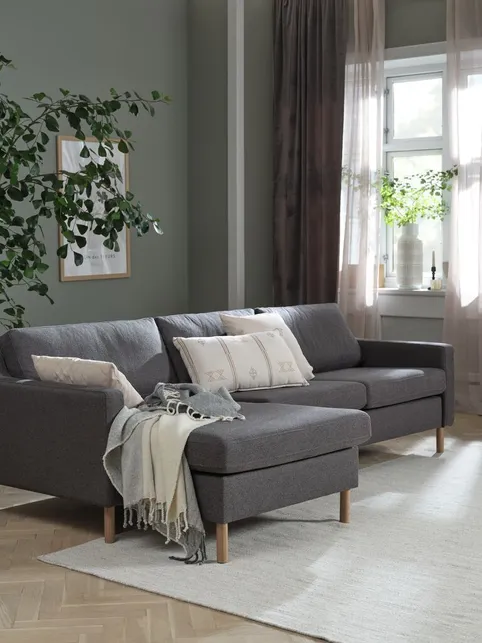 Sofa HELLERUP chaiselong grå stof/natur eg