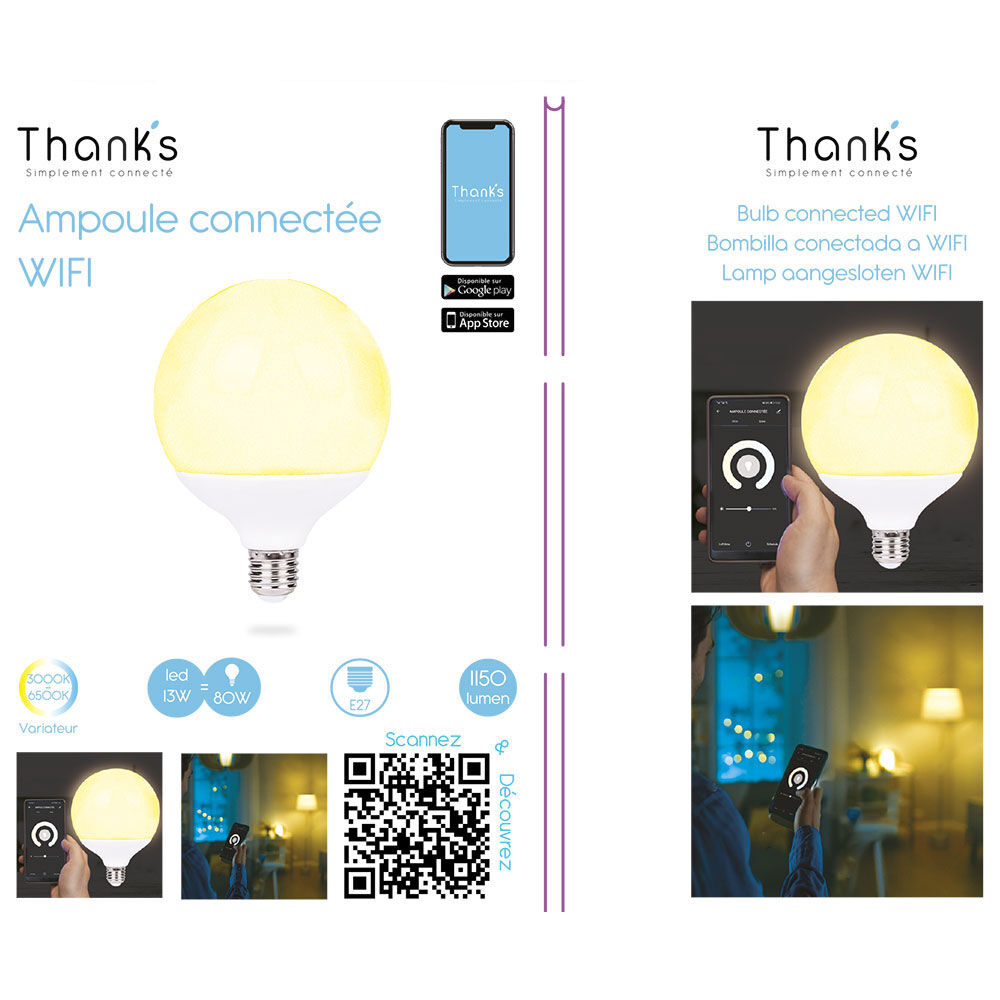 Ampoule LED connectée blanc ajustable E27 80 W