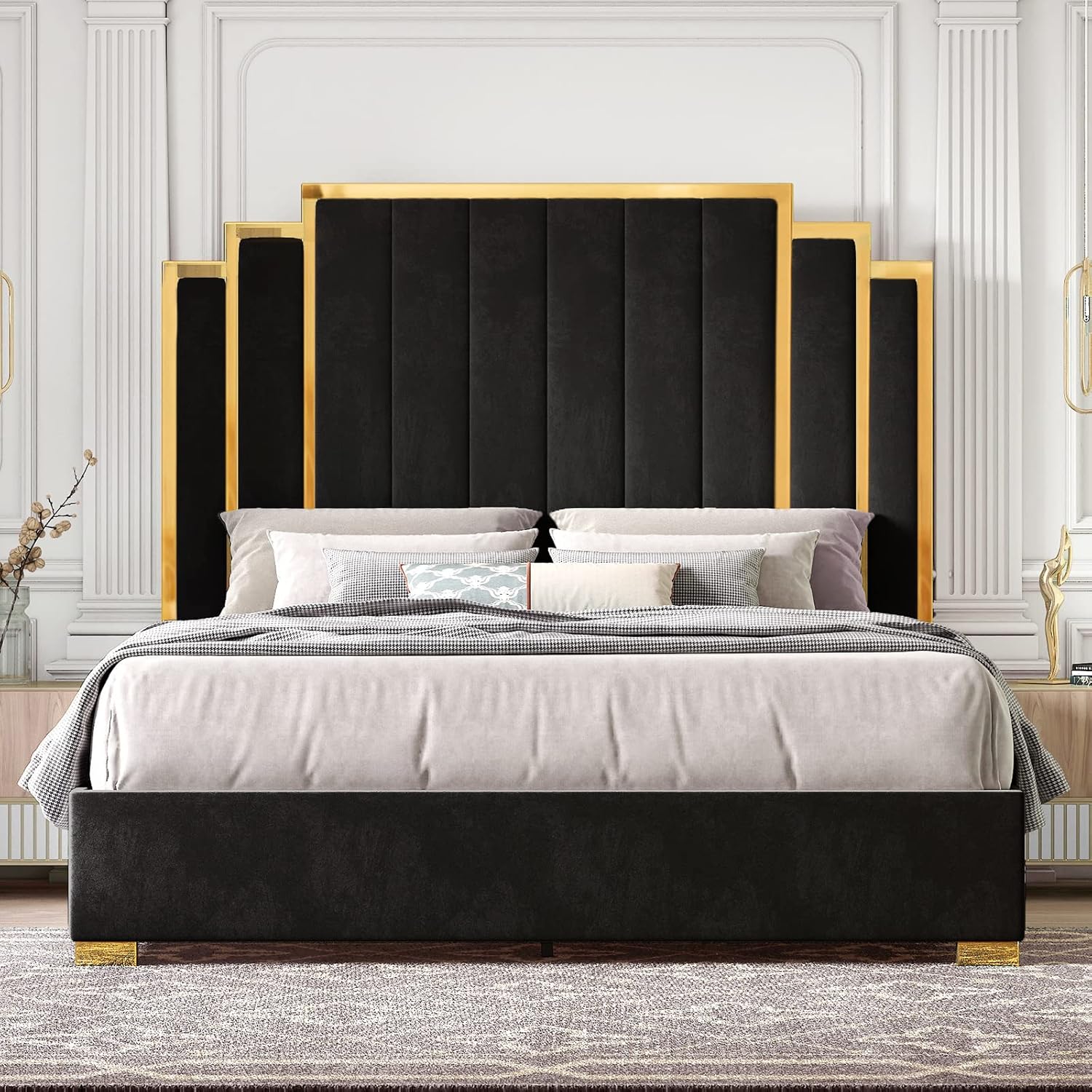 HOWE King Size Bed Frame and 65 Headboard, Upholstered Bed with Golden Plating Trim, Modern Platform Bed No Box Spring Needed, Black