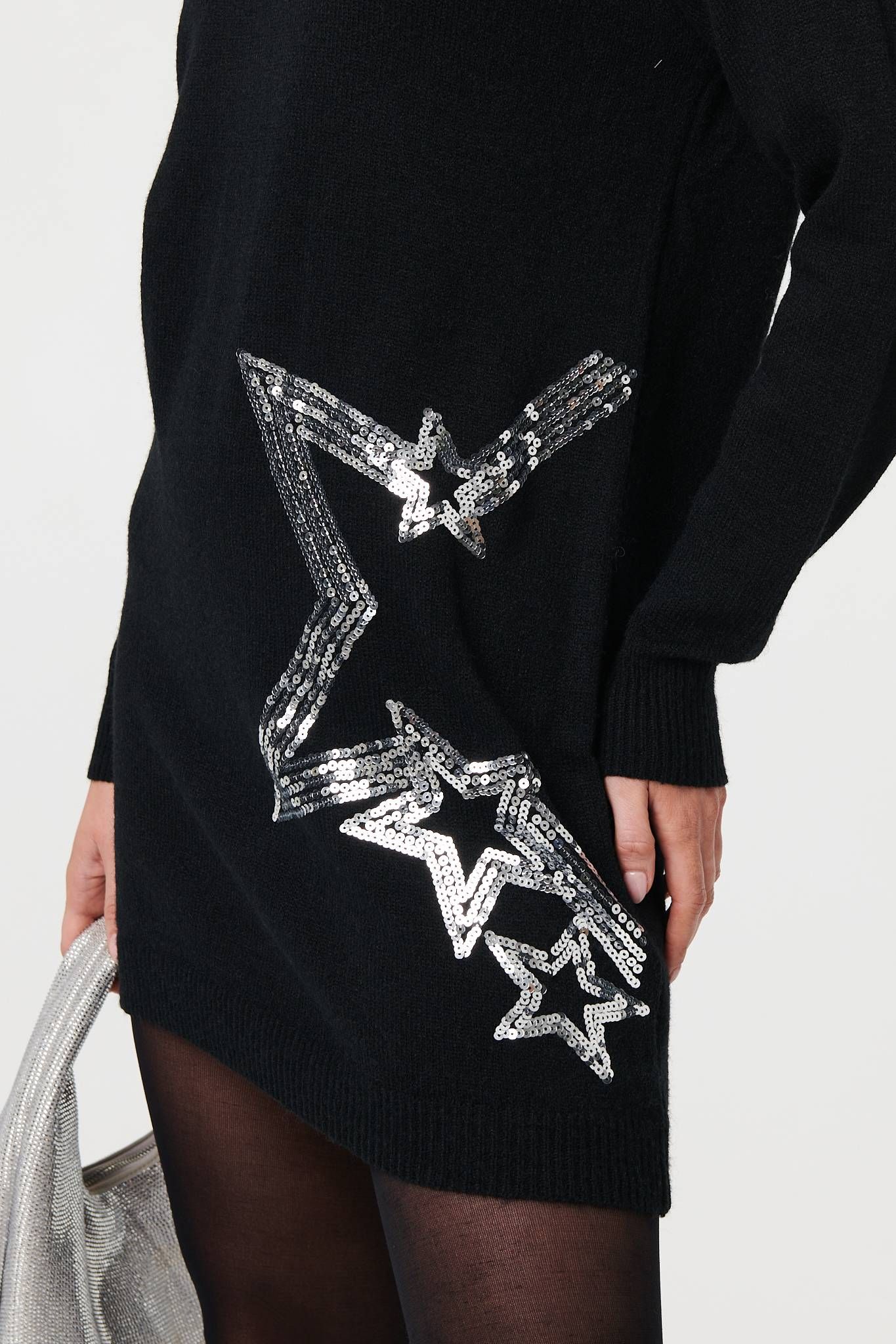 Izabel London Sequin Star Long Sleeve Knit Short Dress