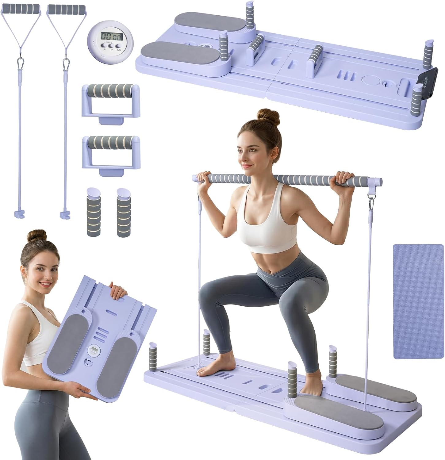 Pilates Board Set - Pilates Reformer, Multi-Foldable Pilates Reformer Set, Portable Pilates Reformer, Trainer Machine for Home Workout with Timer, Ab, Core, Fitness, Exercise