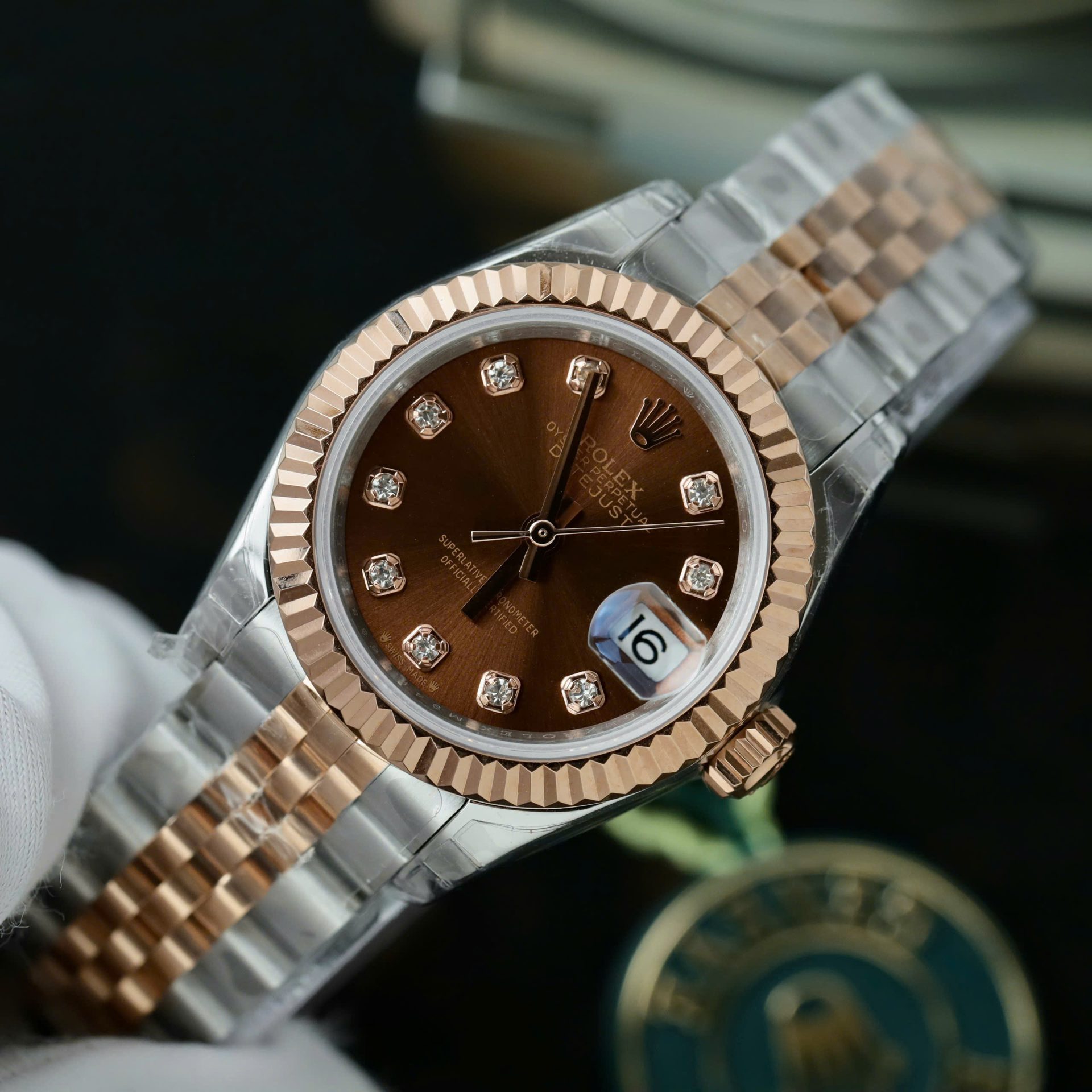 Rolex Lady-Datejust 279171-0011 SS/RG Plated Chocolate Dial CZ Diamonds 28mm Jub AAA Replica