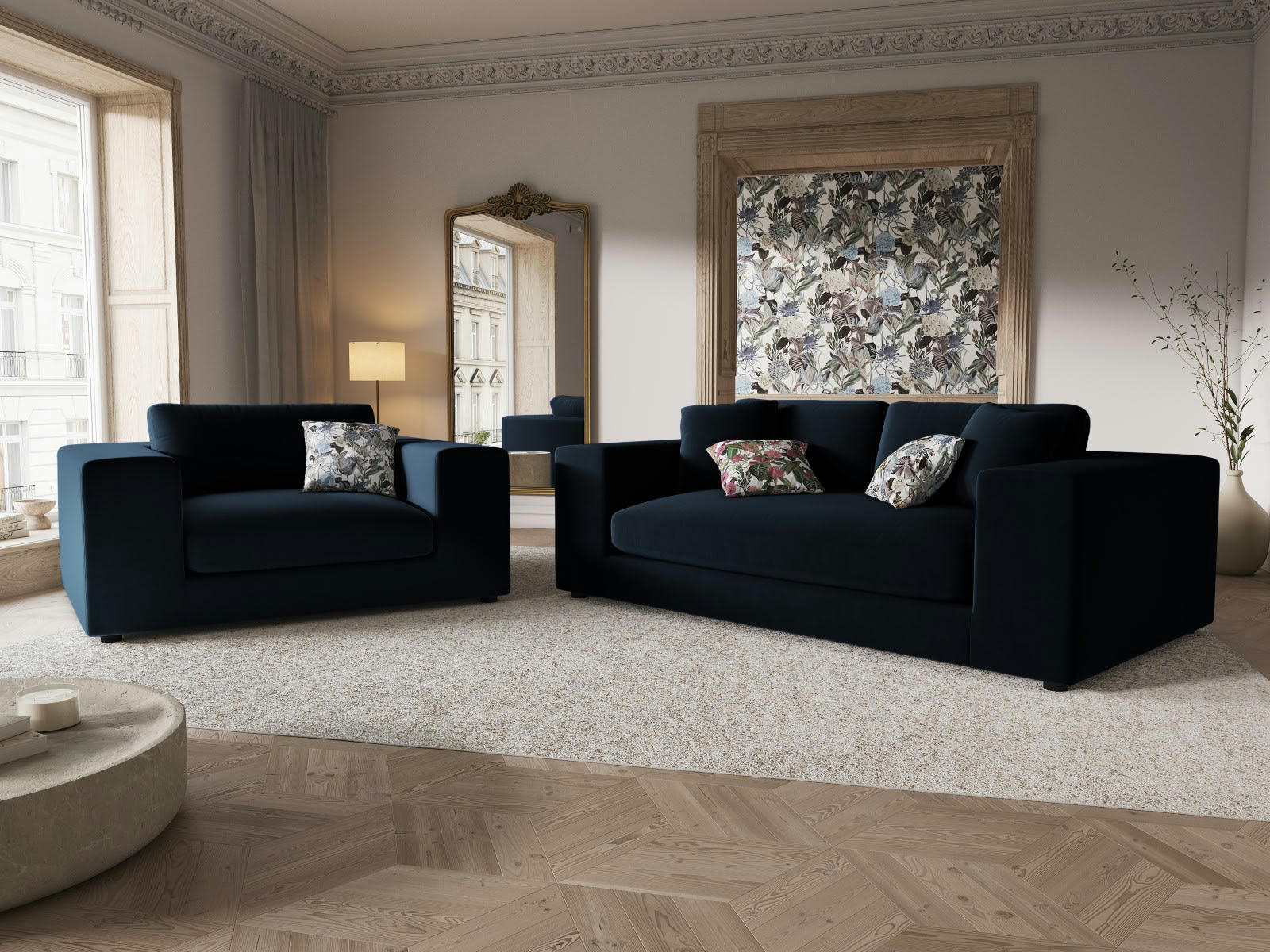 TENDANCE - Canapé 3 places en Velours Bleu Foncé