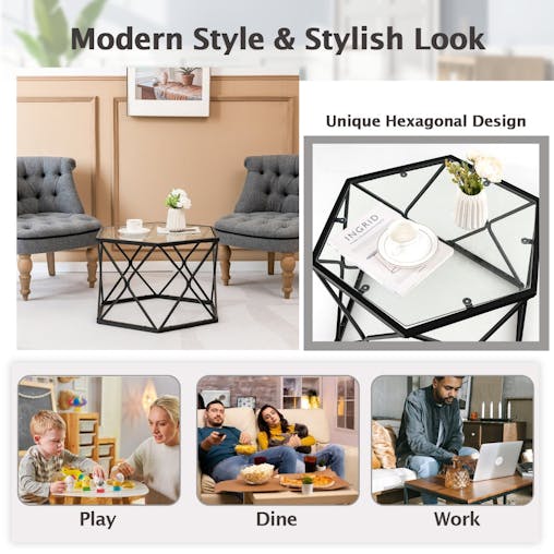 NNECW Geometric Coffee Table with Tempered Glass Top & Metal Legs