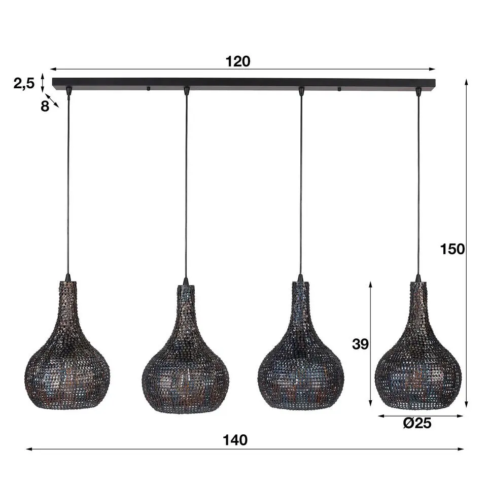 Hanglamp kegel Armoor 4 lichts zwart bruin - 25x140x150 cm - Zwart bruin - Bruin