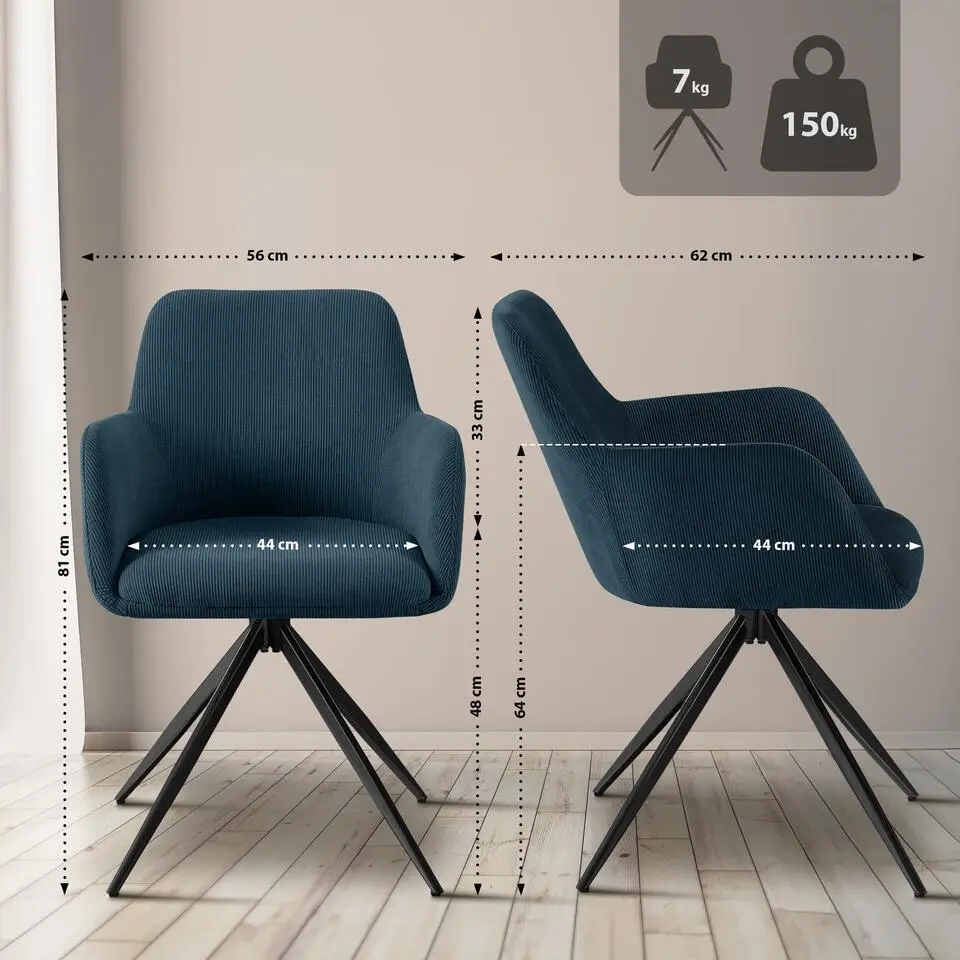 CLP Eetkamerstoel Olema zwart Frame - Ribstof - blauw