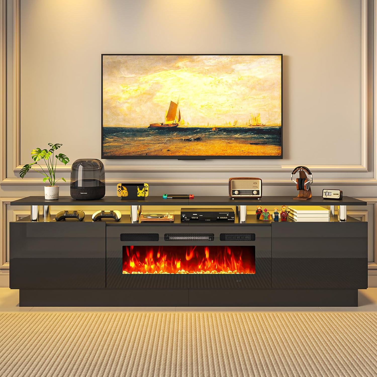 MXV 80 Fireplace TV Stand, Modern Entertainment Center & 36 Inch Electric Fireplace, Remote Control, LED Light, Fire Place Tv Stand for Living Room for TVs up to 90, Black + Black