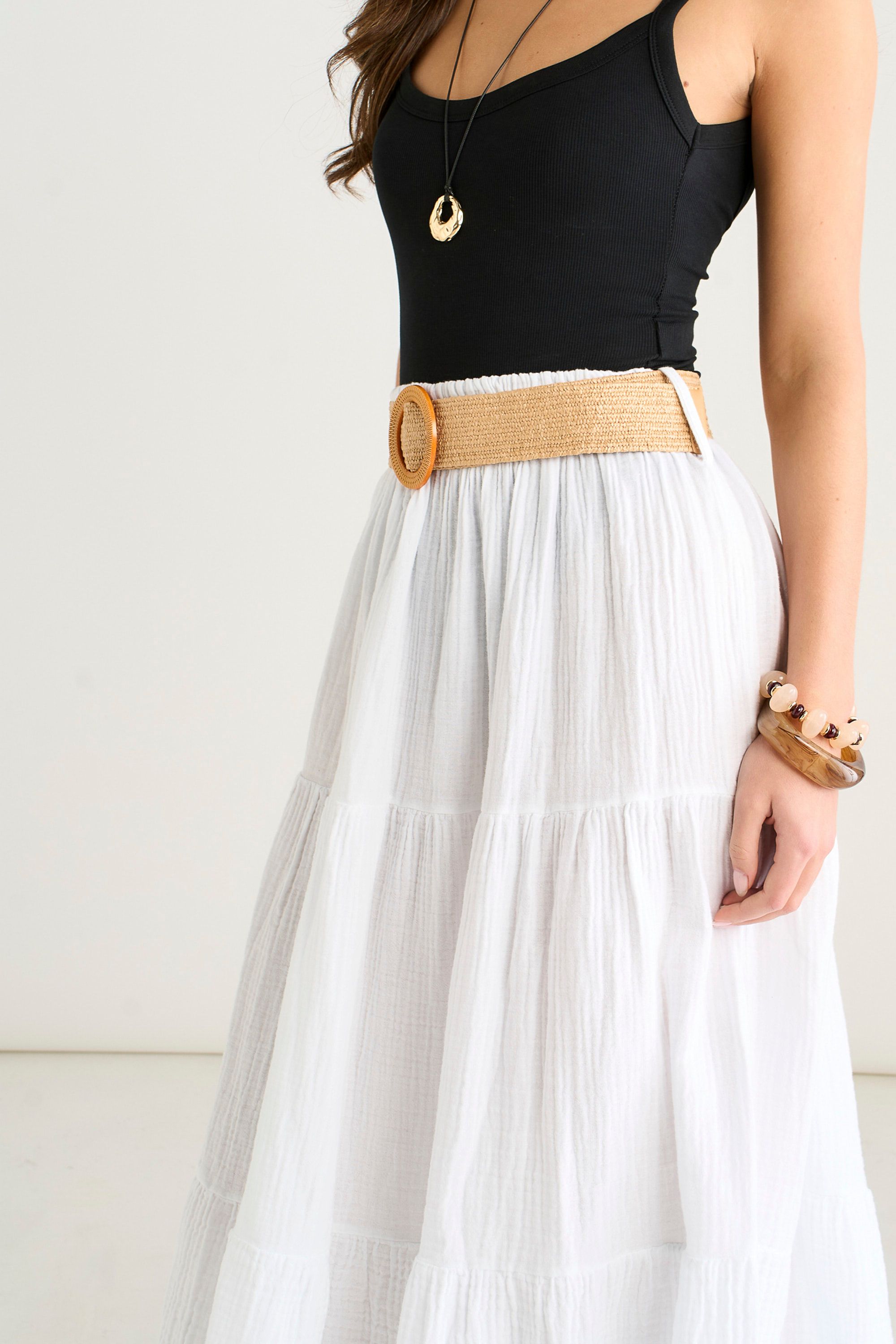 Gini London White Cotton Seersucker Belted Midaxi Skirt
