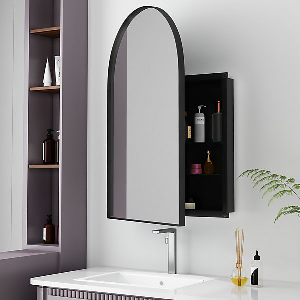 Armoire à miroir cintrée noire avec cadre métal, armoire murale à étagères réglables, rangement salle de bain