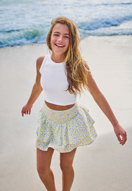 Older Girls White Floral Shirred Waist Skirt