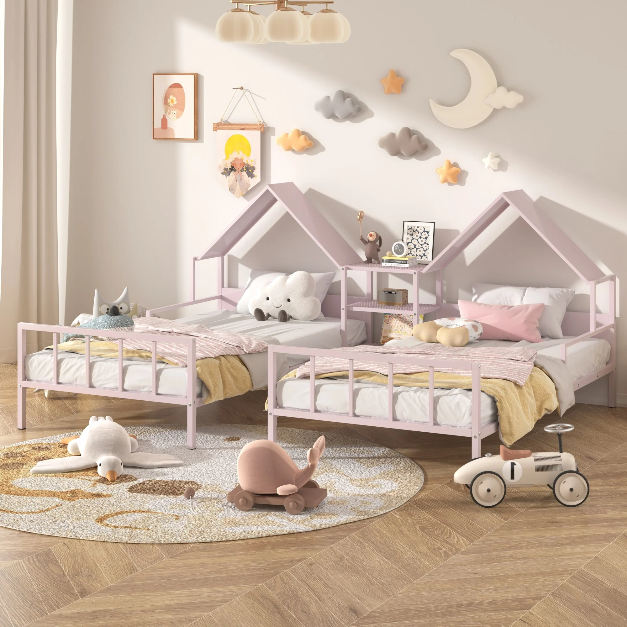 Pink Twin Metal Double Platform Bed with Nightstand