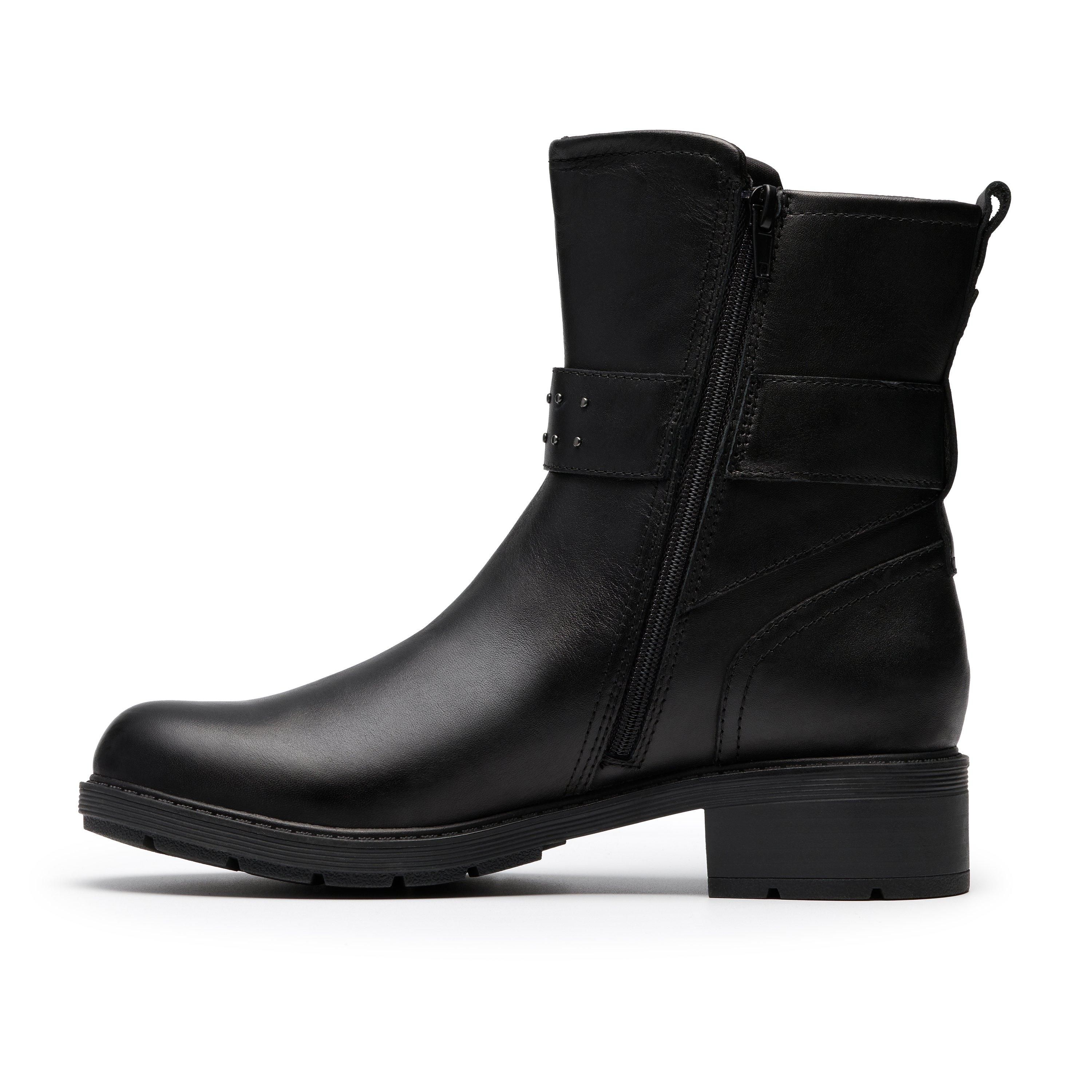 Clarks Hearth Buckle Black Leather Ankle Boots