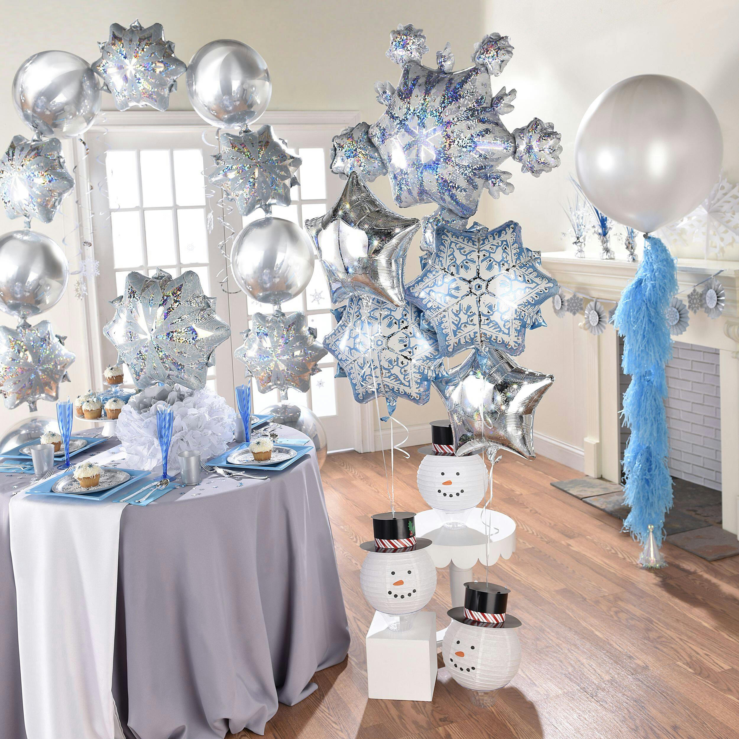 Snowflake/Star/Round  Satin Foil Balloon Bouquet, Blue, 5-pk, Helium Inflation & Ribbon Included for Winter/Christmas