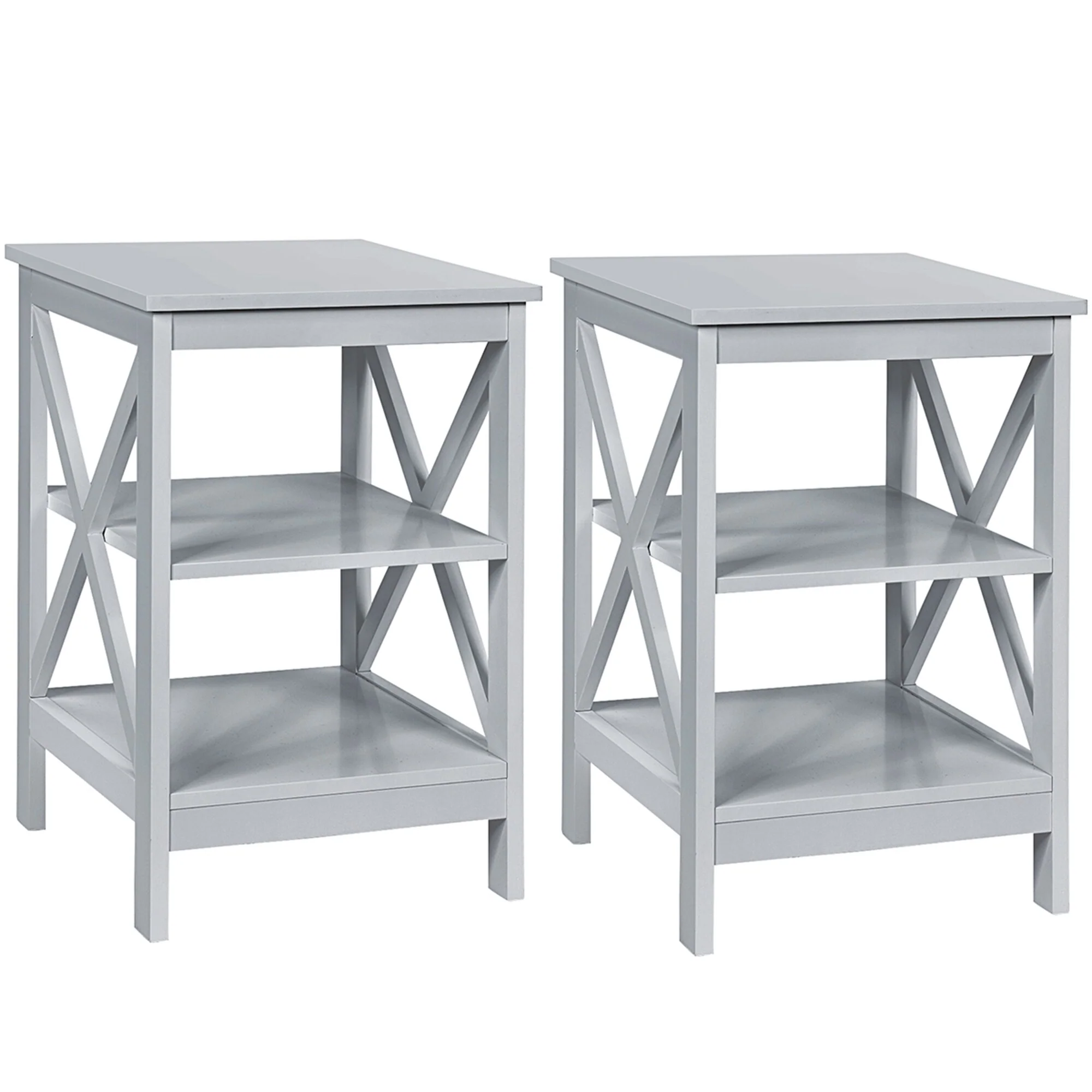 Gymax 2 PCS 3-Tier Nightstand End Table X Design Storage Display Shelf