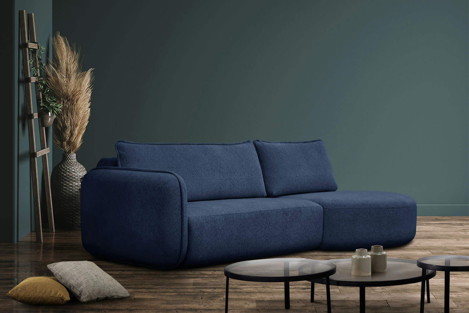 IPSUM - Canapé d'angle droit 3 places avec l'île tissu bleu