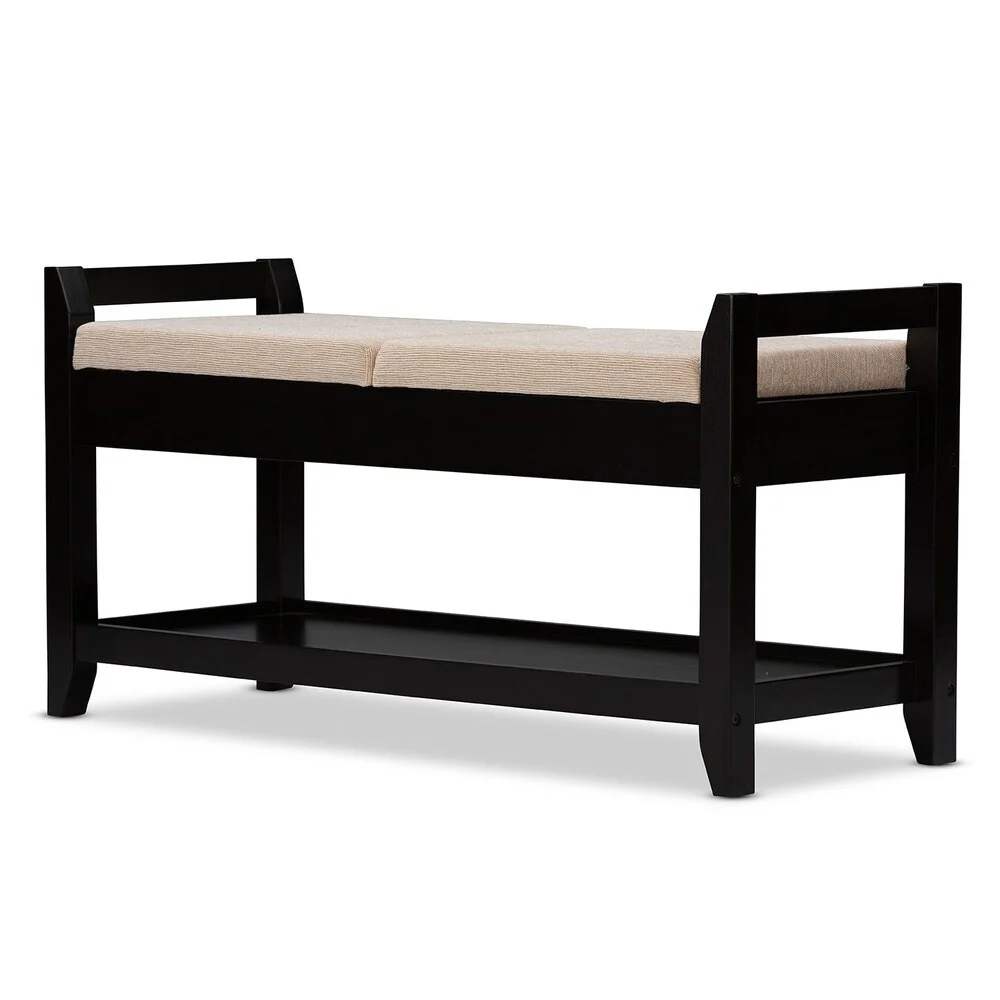 Baxton Studio Quaid Contemporary Brown Wood Shoe Storage Bench with Beige Fabric Upholstered Seat Cushions and Lift-top Hinges