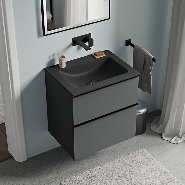 Meuble vasque suspendu MDF Anthracite mat, lavabo fonte Noir mat sans trou robinet, poignée Anthracite mat - 60x46x62cm - LAVOA