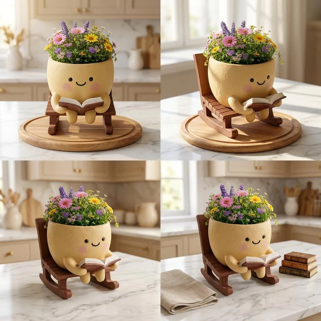 Cute Reading Planter Pot, Smiling Resin Succulent Pot with Drainage Hole, Book Lover Desk Decor, Pen Holder Gift