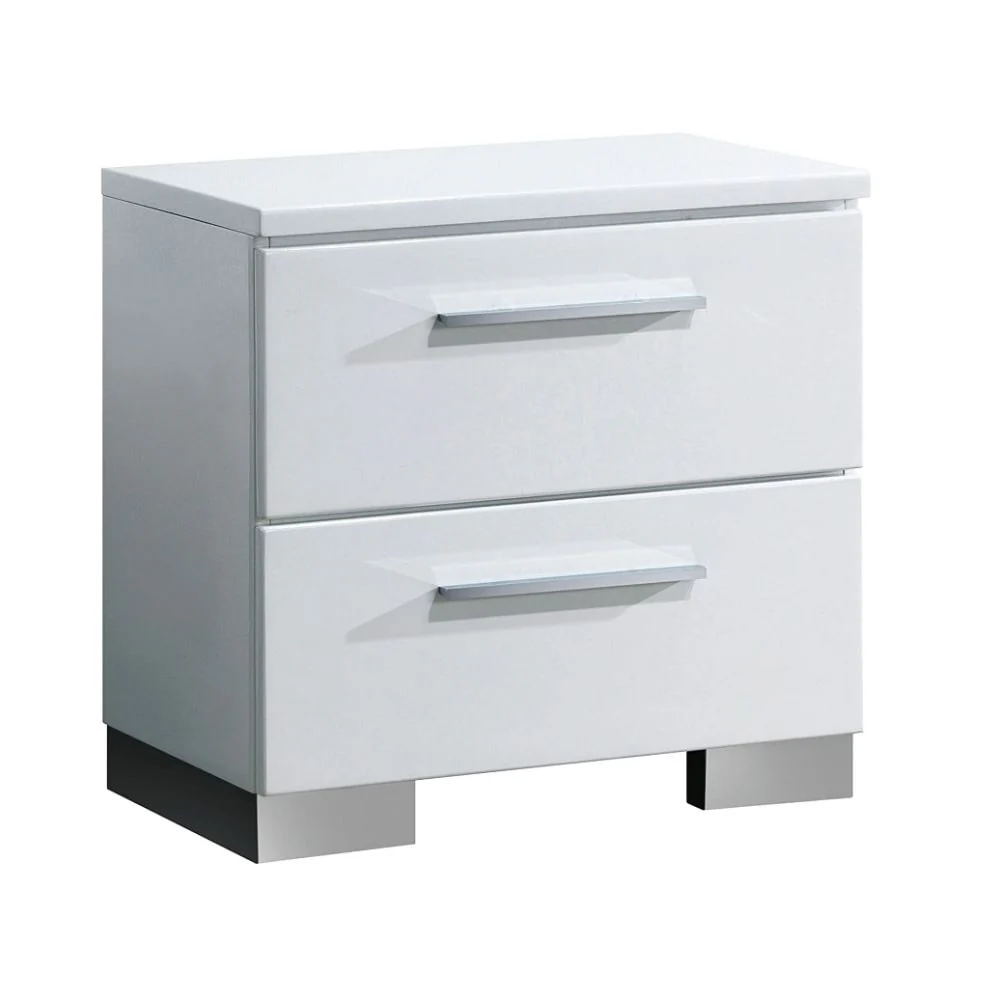 2 Drawers Wooden Nightstand, Glossy White