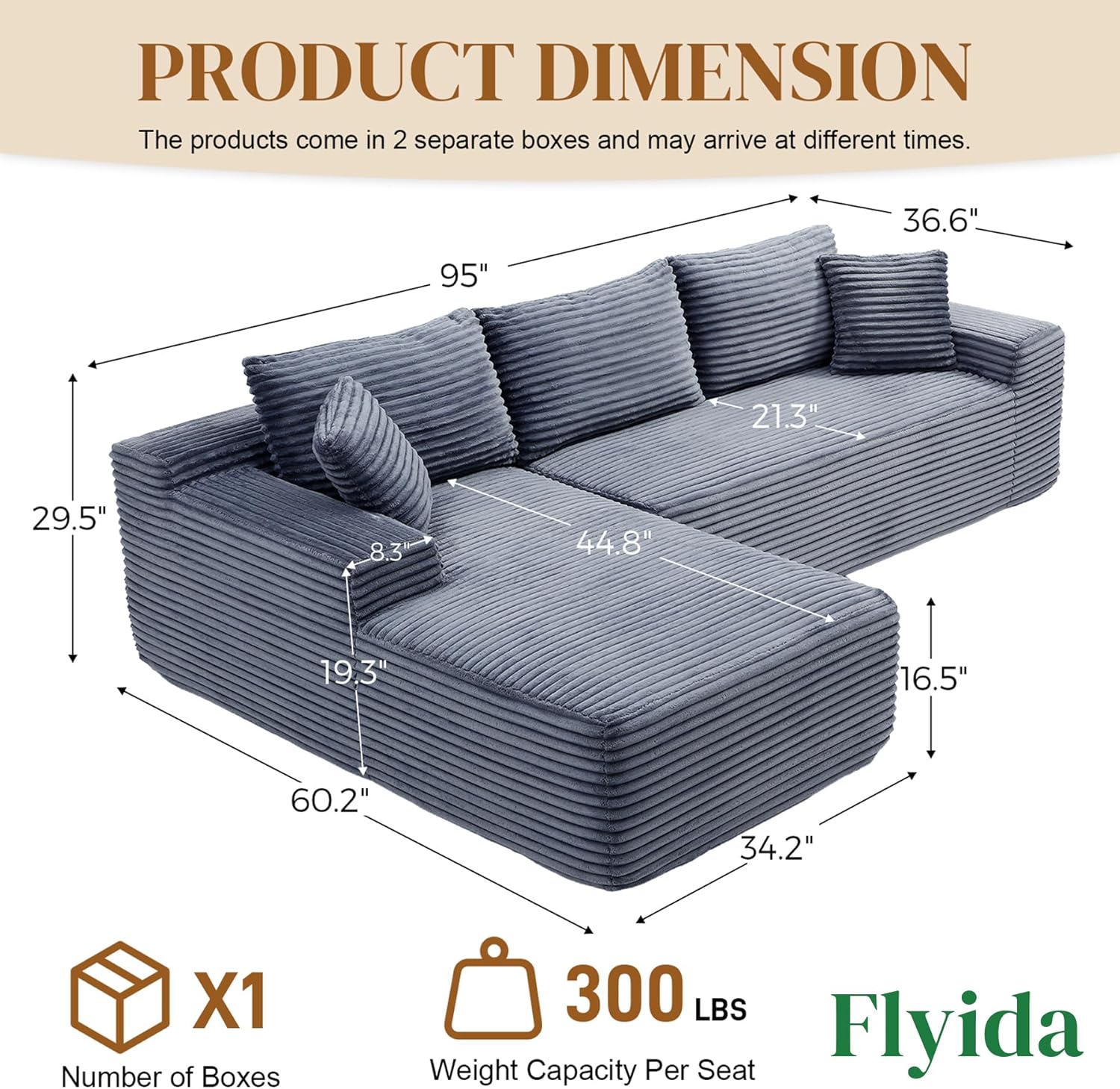 95 Boneless Cloud Sectional Couches for Living Room, Comfy Fluffy L Shaped Memory Foam Deep Seat Boneless Couch, Modular Sectional Sofa with Left Facing Chaise, Grey